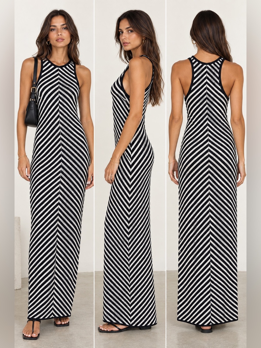 House of Harlow 1960 Chevron Knit Maxi Dress Black White XS 100% Cotton